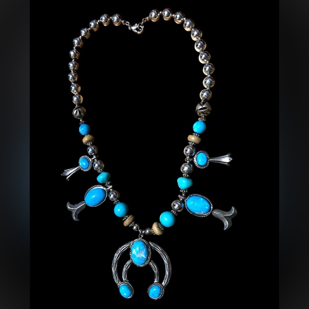 Vintage Dauplaise faux turquoise and silver squash blossom statement necklace